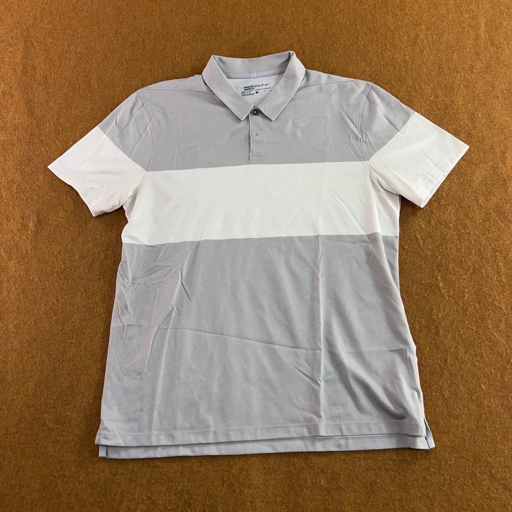 Nike Mens Large Grey White Dri-FIT Modern Fit Colorblock Stripe Golf Polo Shirt